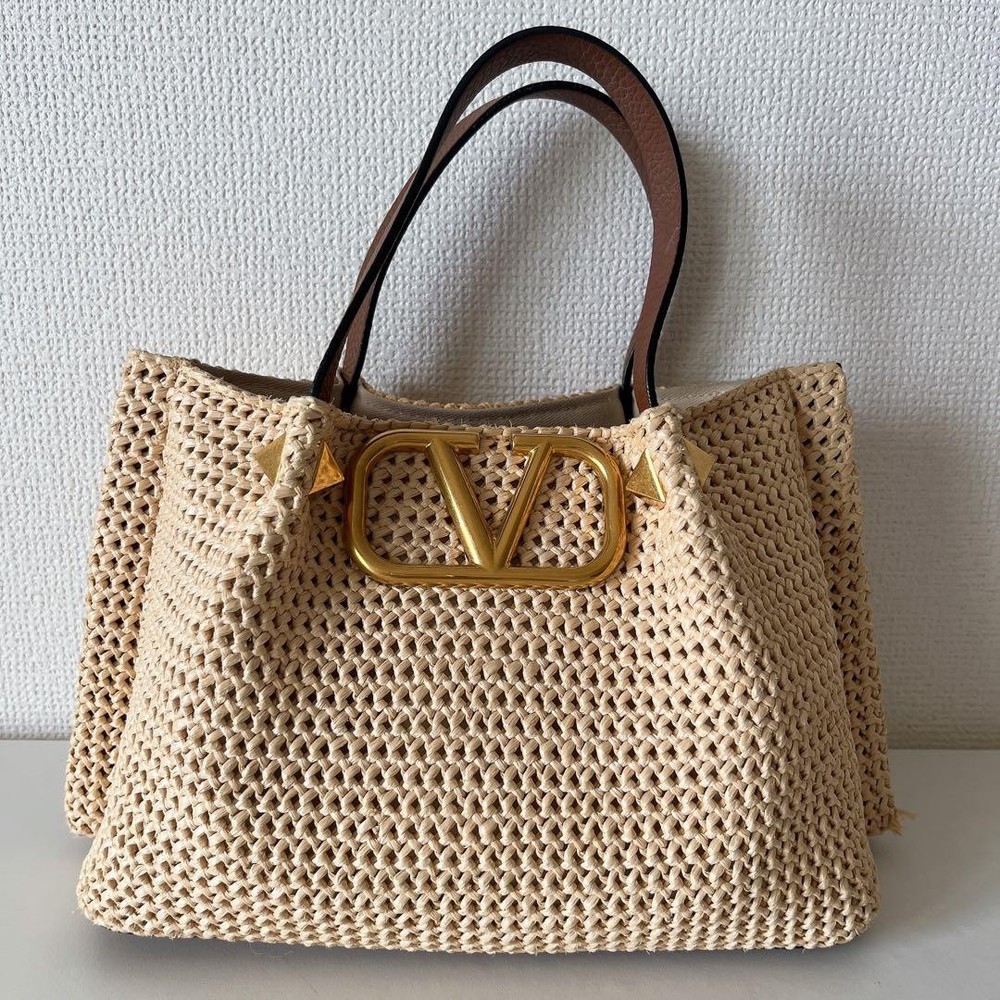 VALENTINO GARAVANI Straw Summer Tote Bag Natural Brown Straw, leather from JAPAN