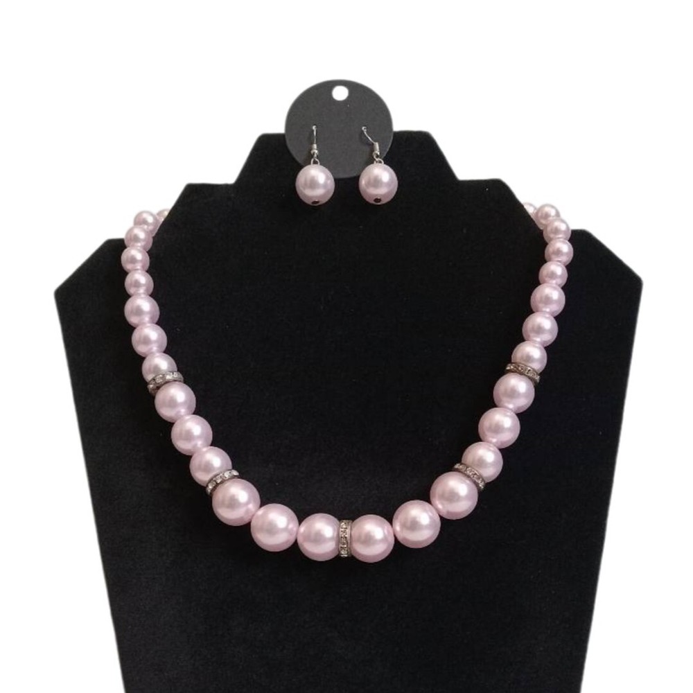 Soft Pink Round Beaded Adjustable Single Strand Matching Necklace & Earring Set