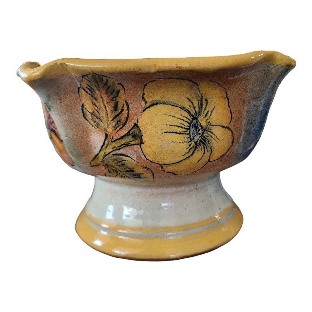 Handmade Vintage Floral Pedestal Bowl with Fruit Design Signed by Artist