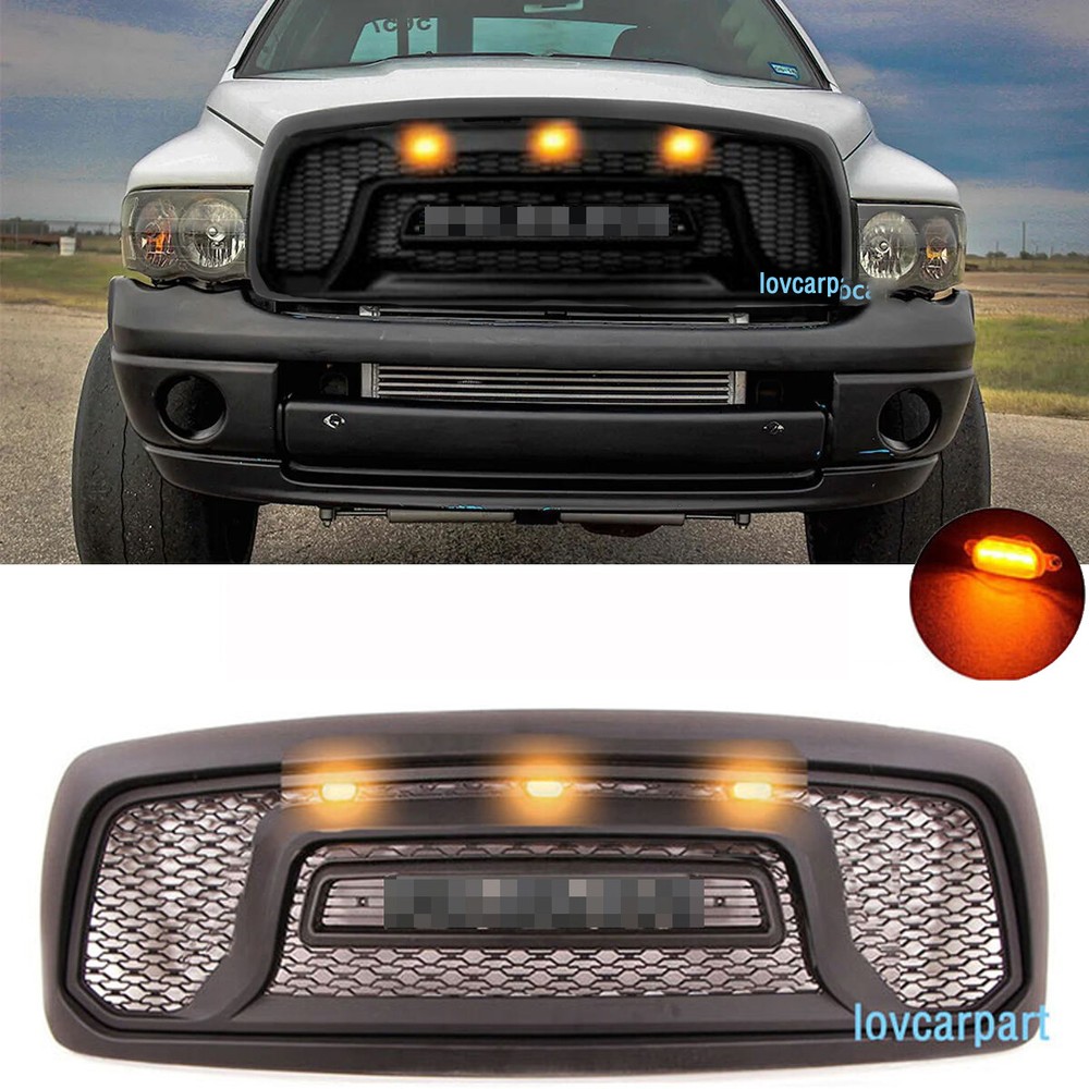For Dodge Ram 1500 Grill 2002 03 04 2005 Front Bumper Grille w/Letters+LED Black