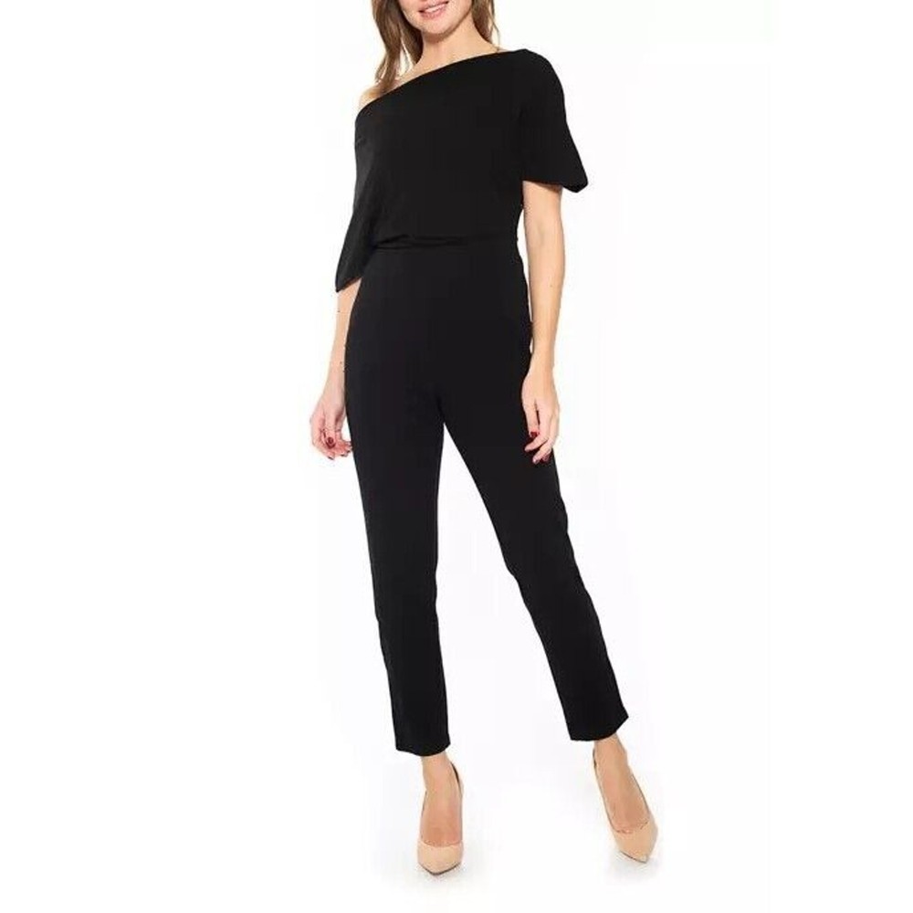 Alexia Admor Women Black Jersey Draped Cocktail One-Shoulder Jumpsuit Size XS