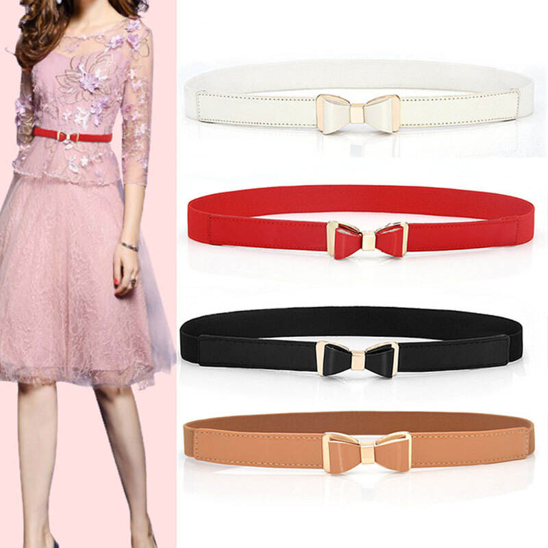 Women Belt Elastic Waistband Elegant Dress Gold Buckle Belt Leather Strap Waist