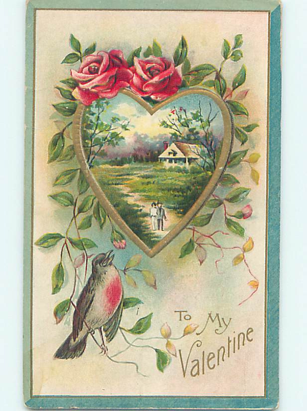Valentine's Heart Card with Beautiful Bird & Country Scene Inside - 60k Units HJ2611