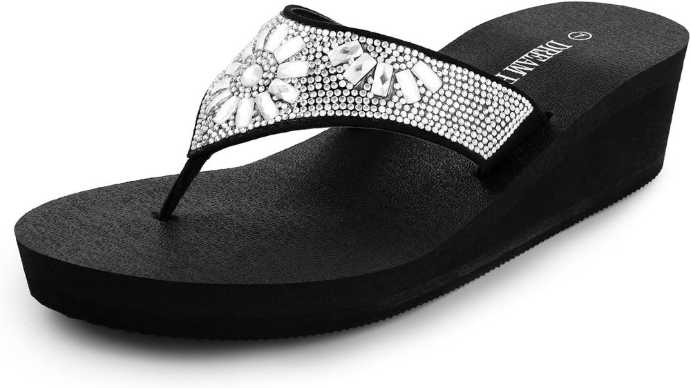 DREAM PAIRS Rhinestone Platform Wedge Flip Flops for Summer Beach Style