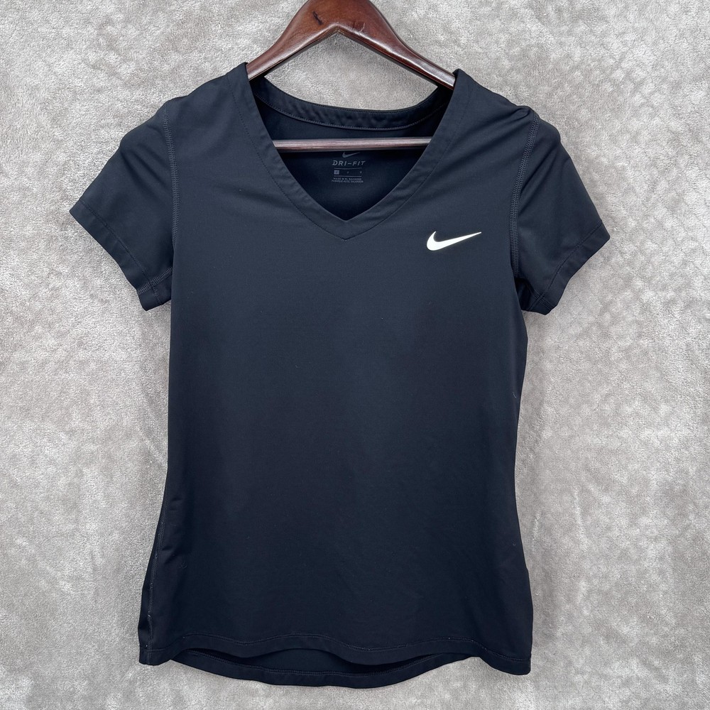 Nike Dri-FIT Shirt Womens Large Black V Neck Short Sleeve Athletic Running