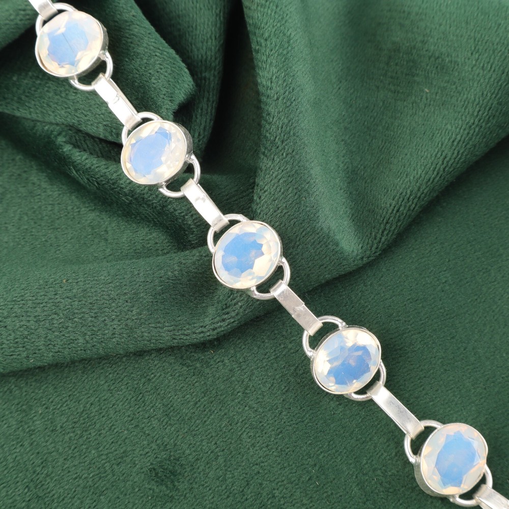 925 Sterling Silver Milky Opal Gemstone Ethnic Chain Bezel Valentines Bracelet