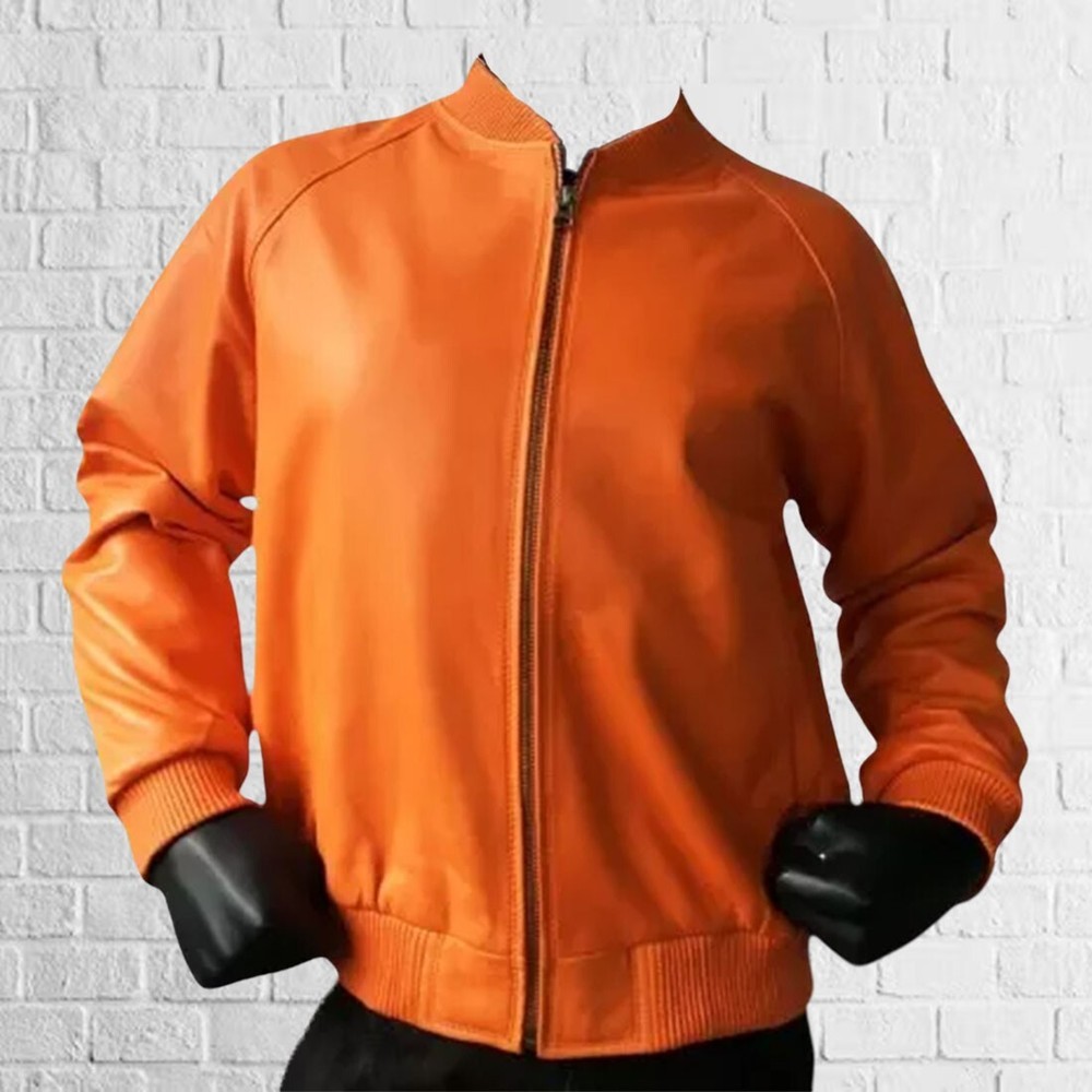Men Slim Fit Orange Lambskin Leather Biker Jacket Motorcycle Style