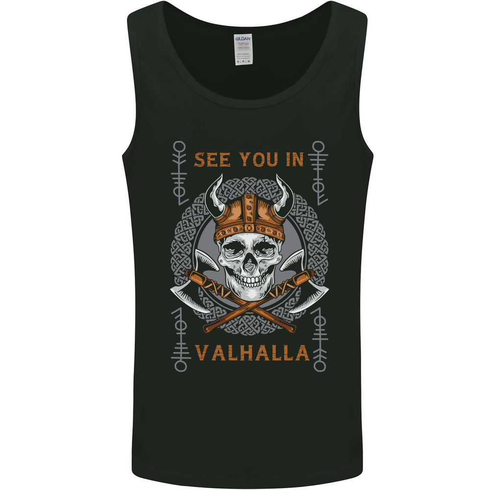 See You in Valhalla Viking Skull and Symbols Mens Vest Tank Top