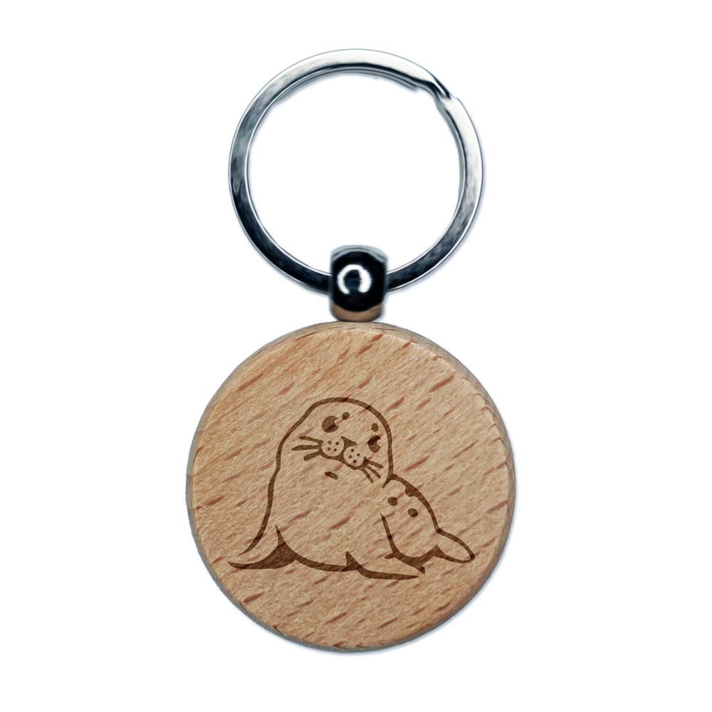 Curious Baby Seal Engraved Wood Round Keychain Tag Charm