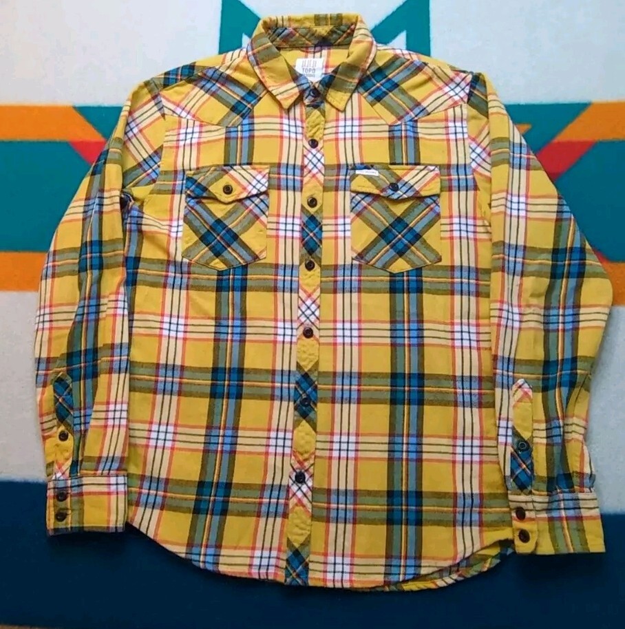 Topo Designs Colorado Yellow Plaid Long Sleeve Flannel Button-Up Shirt in Large