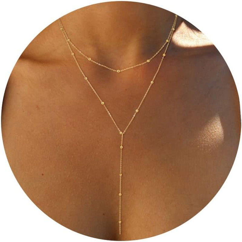 14K Plated Lariat Gold Necklace for Women, Y-Shaped Pendant & CZ Beaded Chain