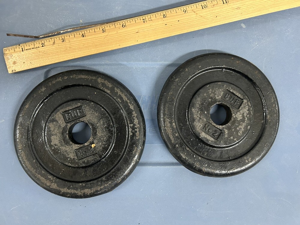RARE BUR 5 LB no. 2 Weight Plates vintage good barbell standard weights LOT of 2