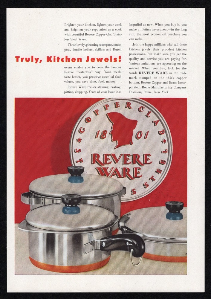 1948 Revere Ware Copper Clad Stainless Steel Truly Kitchen Jewels Print Ad Vtg