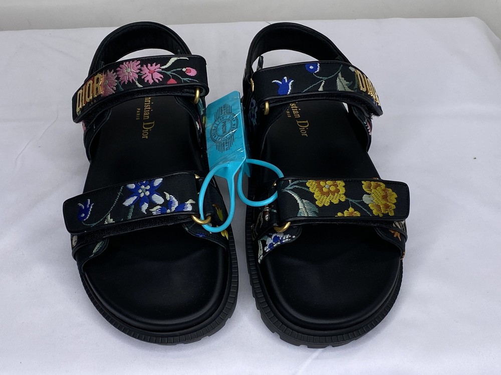 Dior Women Black Floral Hook & Loop Flat Sandals Size 7 Strappy