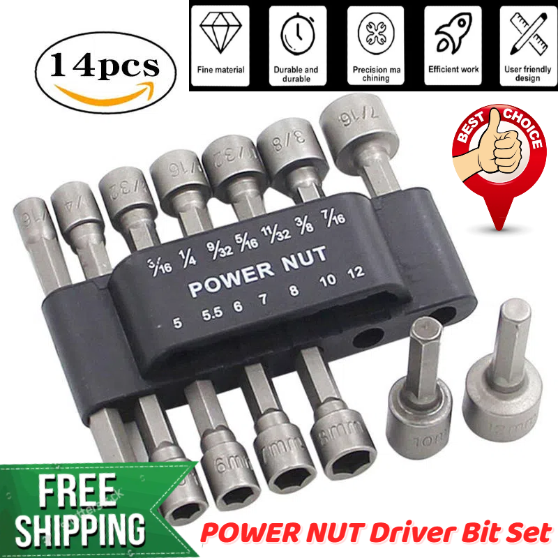 14pc Power Nut Driver Bit Set with Quick Change 1/4 SAE & Metric Shank