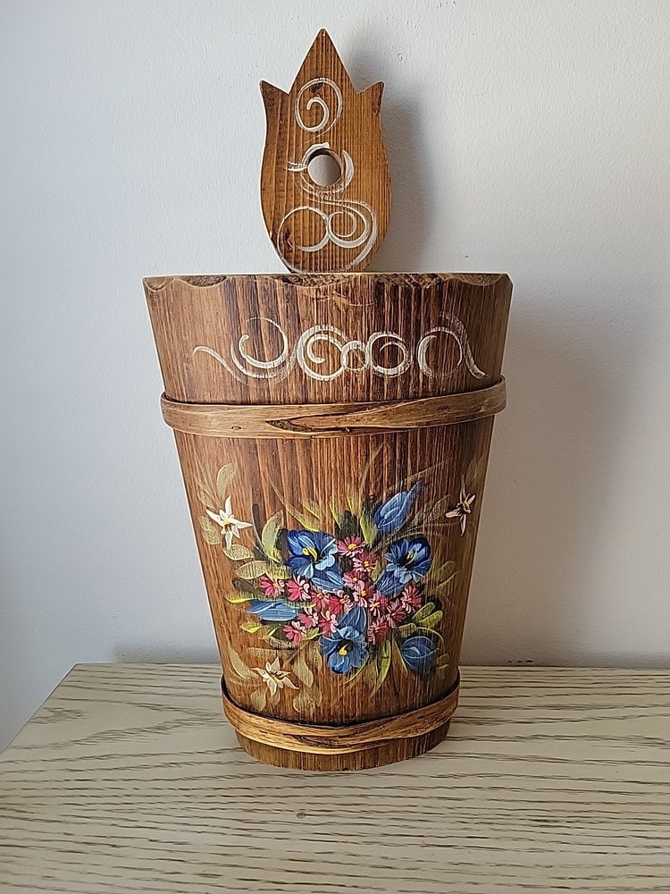 Vintage MCM Carved Wood Bamboo Bavarian Hand-Painted Umbrella Stand