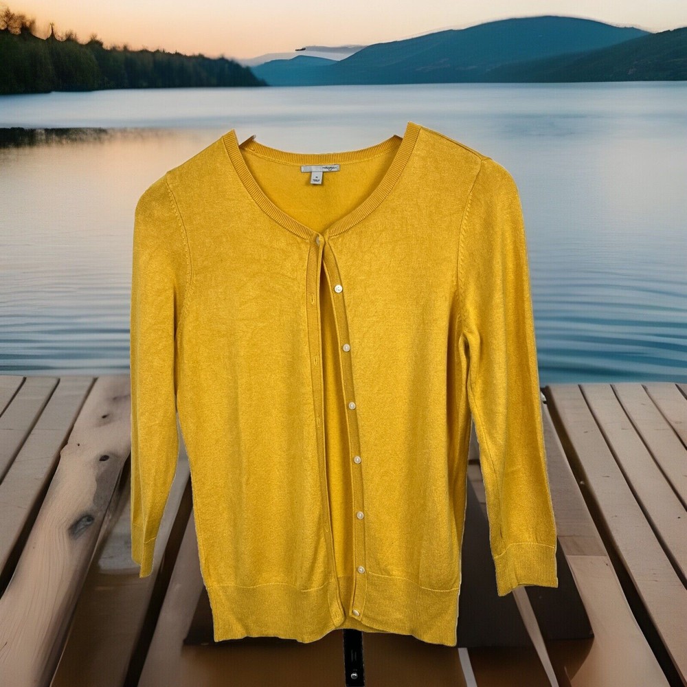 Halogen Sweater Cardigan Button Up Stretch Gold Yellow Size Medium Twee Classic