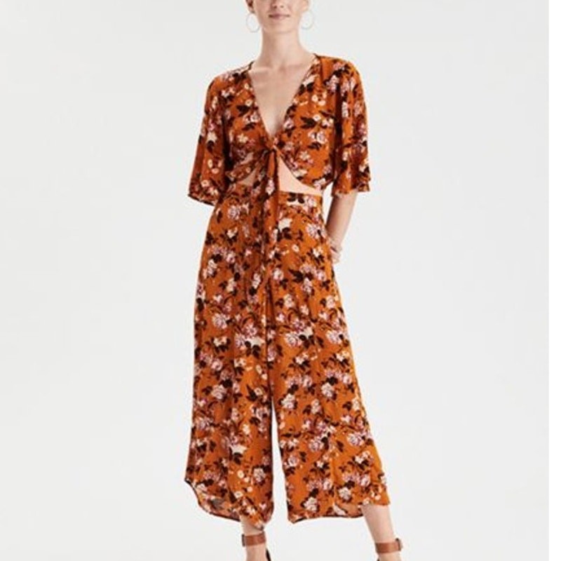 American Eagle Orange Floral Flare Sleeves Tie Front Crop Top Blouse Medium