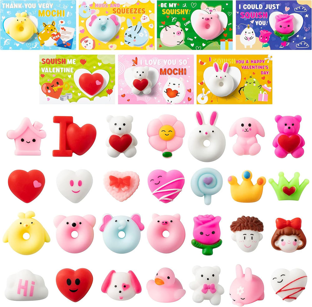 Valentines Day Gift Cards with Mochi Squishy Toys - 28PCS Kawaii Heart Rose Bear-image