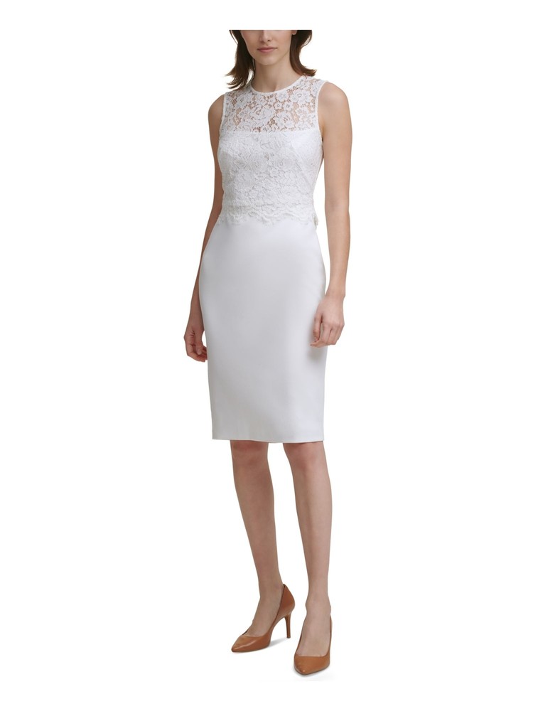 CALVIN KLEIN Womens White Stretch Lace-overlay Scuba Crepe Dress Petites 8P