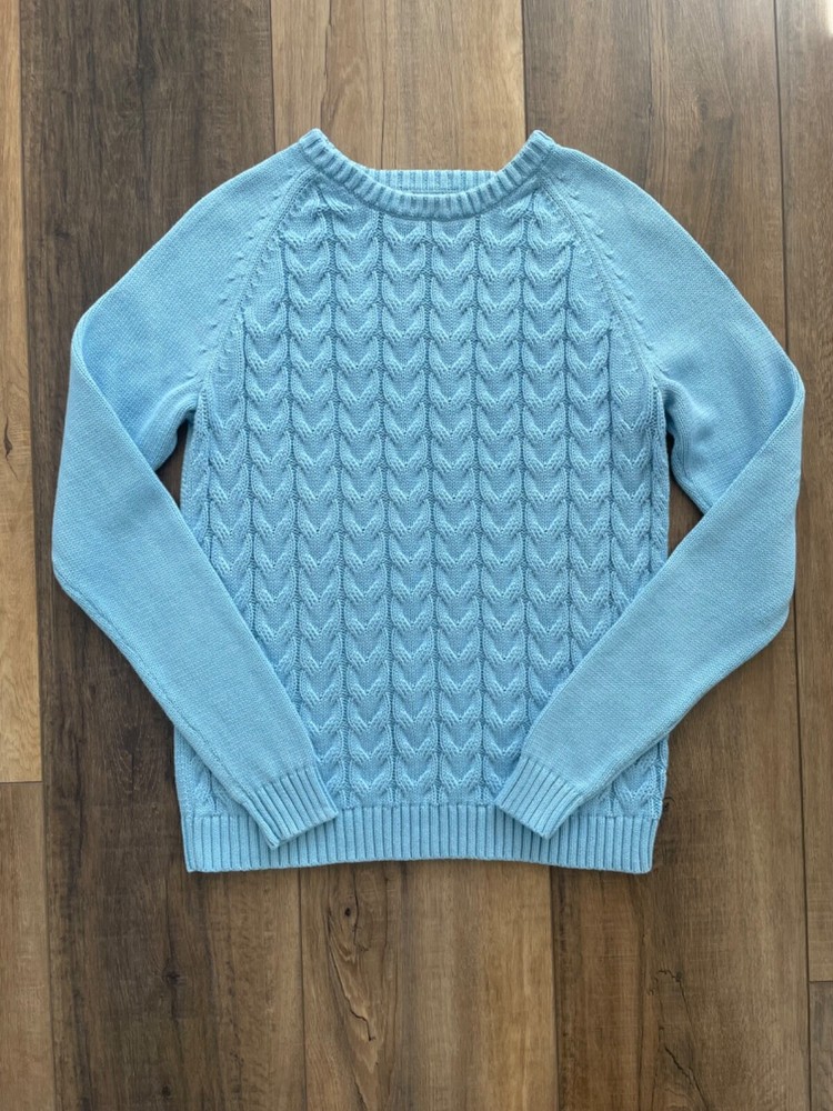 Lands' End Drifter Sweater Women's Blue Cable Knit Medium Cotton Classic Preppy
