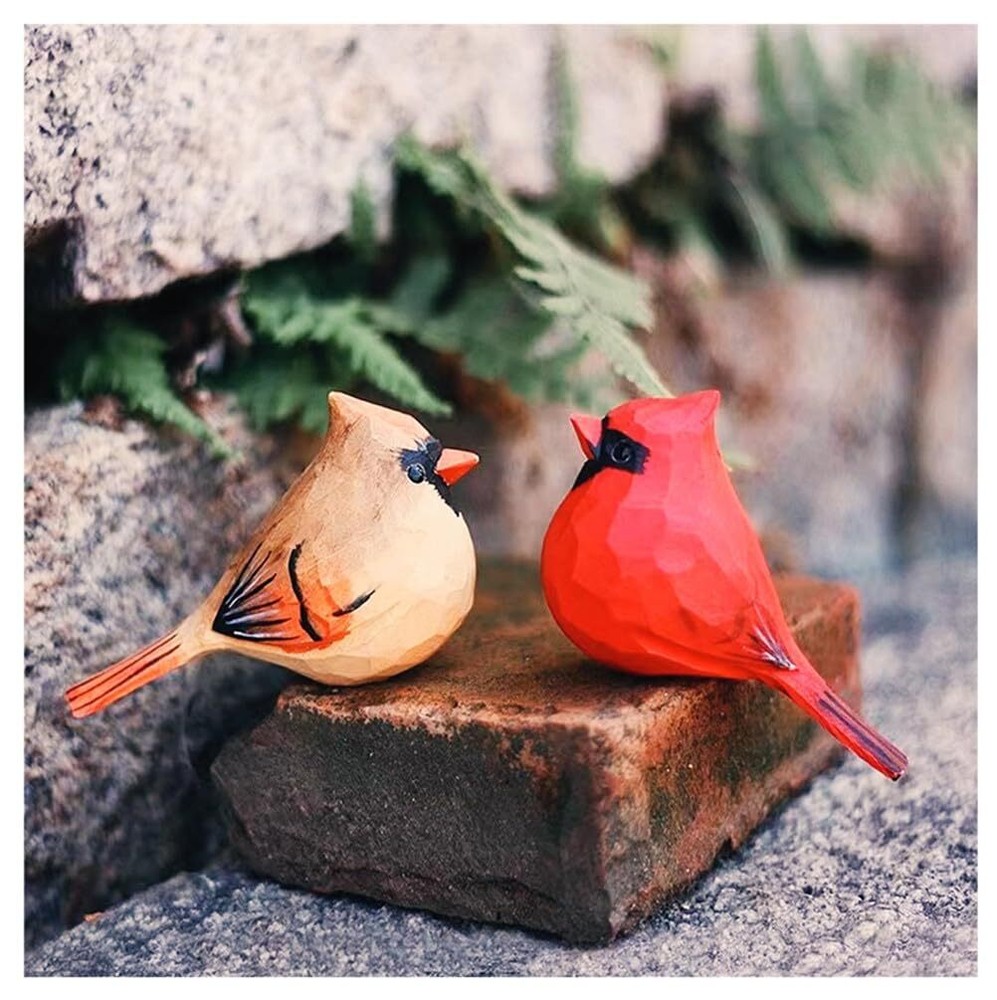 Small Carved Wooden Northern Cardinal Figurines, 2PCS Handmade Male and Femal...