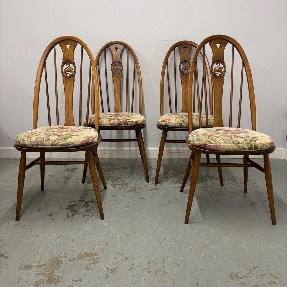 Set of 4 Mid Century Ercol Swan Back Dining Chairs, 4 Solid Wood Dining Chairs
