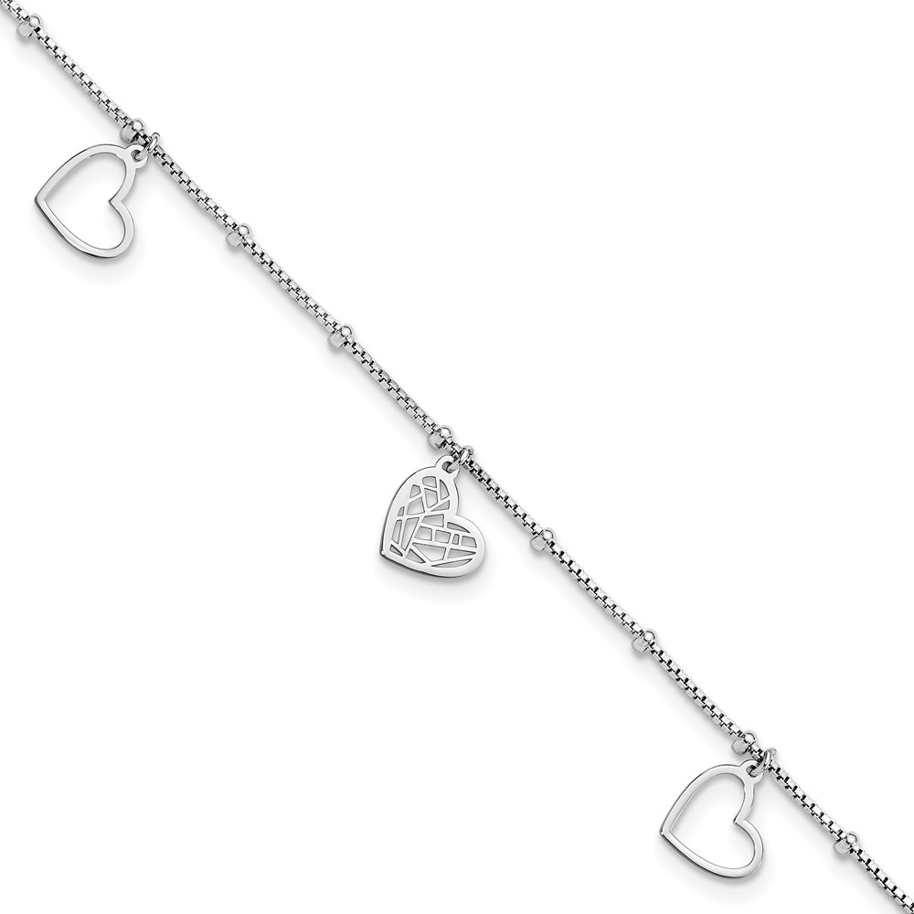 Sterling Silver Rhodium-plated Cut out Hearts Anklet 9