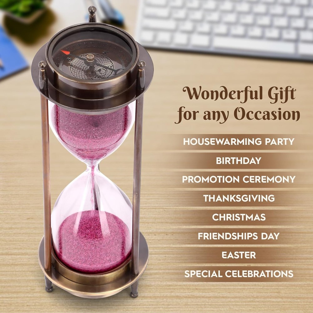 Antique Brass Nautical Compass with Hourglass Sand Timer - Unique Maritime Decor Gift