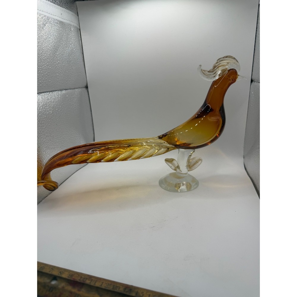 Salviati Murano Glass Pheasant Bird Figurine Amber Gold Aventurine Italy 12 inch