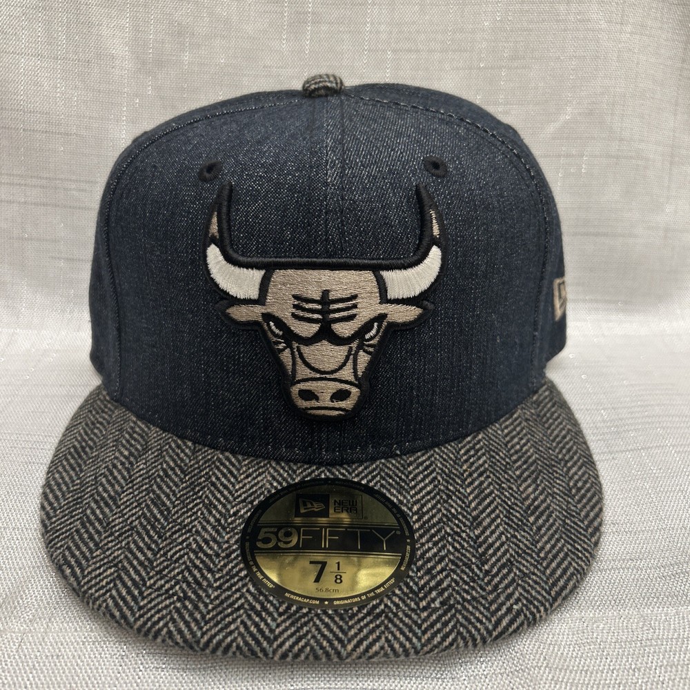 New Era NBA Chicago Bulls Black Denim Fitted Cap Size 7 1/8