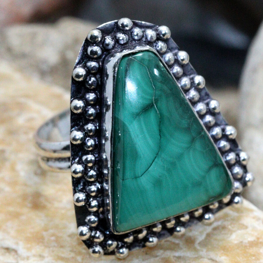 925 Silver Plated Malachite Ethnic Ring Handmade Jewelry Size US 7 JW