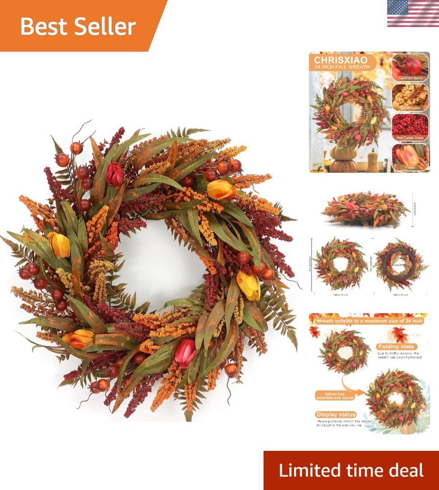 24 Inch Autumn Wreath for Front Door with Foliage Berries and Cattails