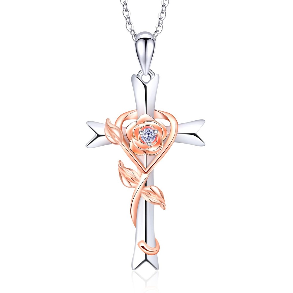 925 Sterling Silver Cross June Birthstone Necklace for Women Rose Pendant Ann...