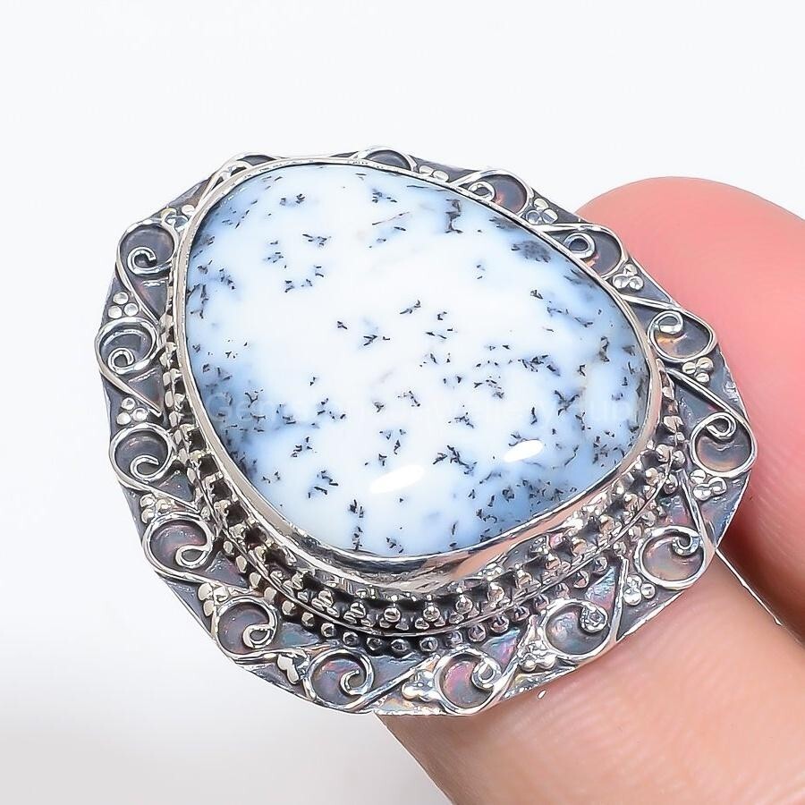 925 Sterling Silver Dendrite Opal Stone Mother Statement Ring Jewelry Size 7.5