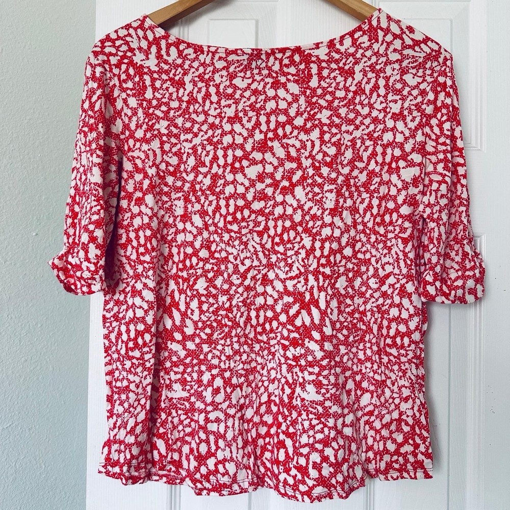 Ann Taylor Women Red And White Short Sleeve Blouse Size M
