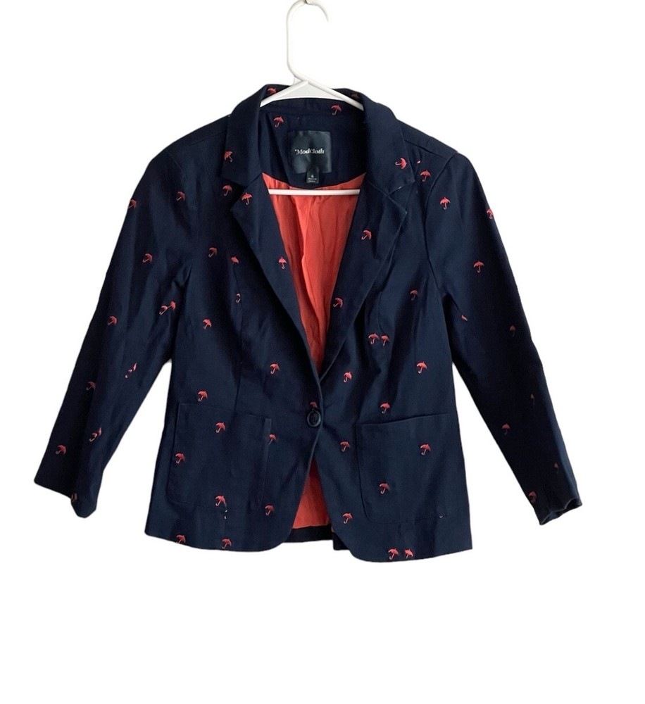 ModCloth Navy Umbrella Print Cotton Blazer for Women Size 6 Spring Casual