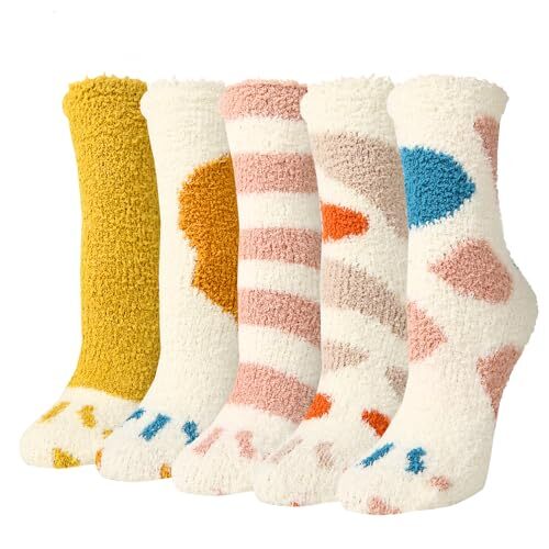 Women Girl Cute Animal Fuzzy Socks Winter Warm Soft 5 Pack-pink Yellow Cat Paw