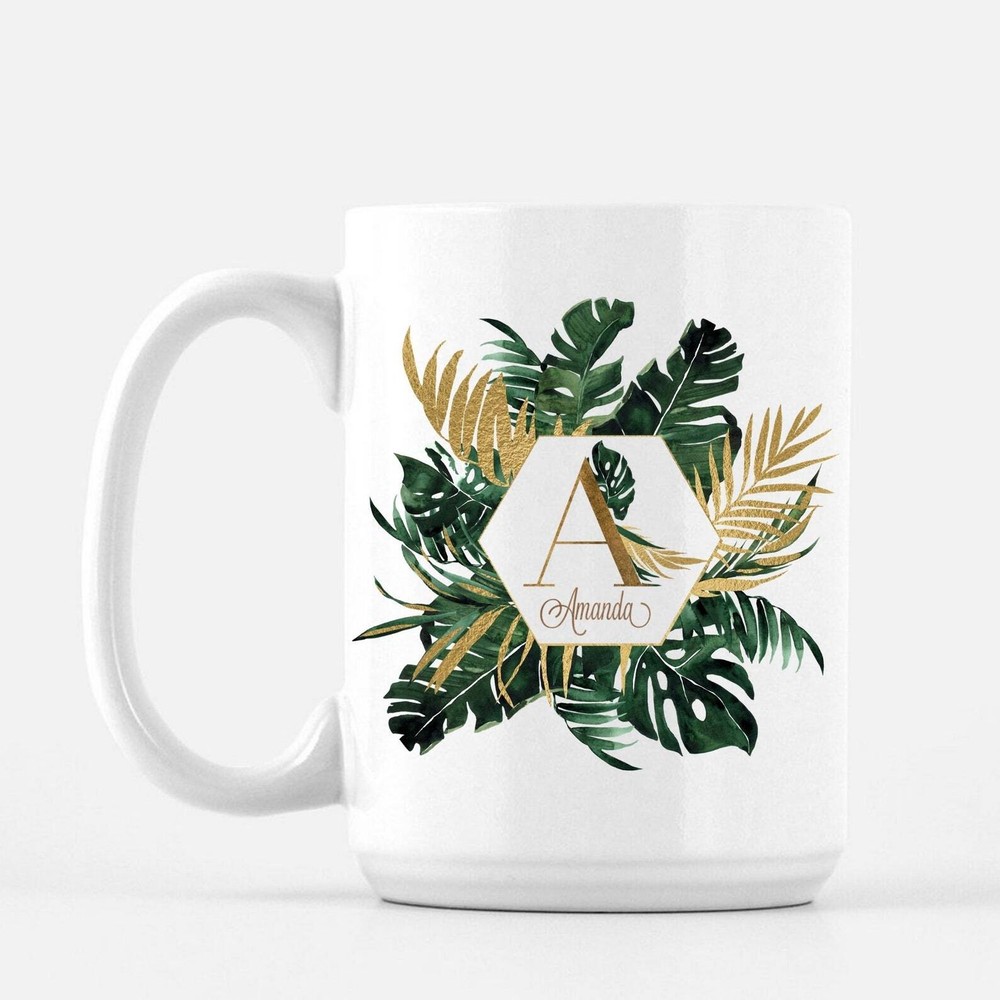 Personalized Monogram Font Modern Mug Initial Name Monstera Leaves Cup