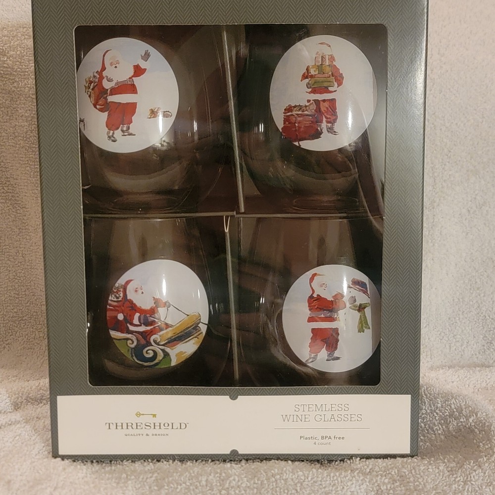 Santa-Themed Stemless Wine Glasses Set of 4 for Christmas