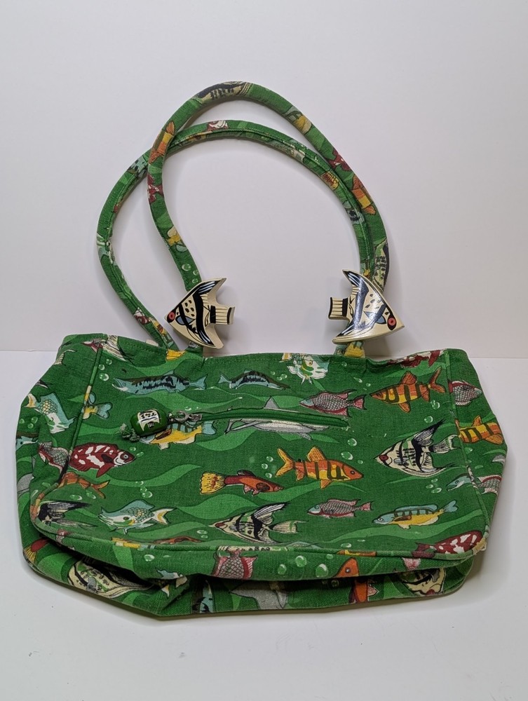 Vintage Green With Tropical Fish Canvas Tote Bag With Wooden Fish Handle Accents