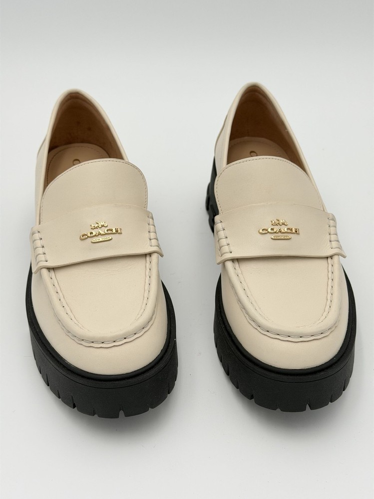 COACH Loafer Womens 9 Cream Leather Platform Slip On Lug Sole