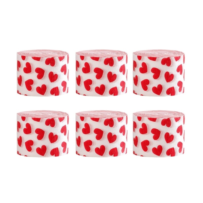6 Heart Print Crepe Paper Ribbons for Gift Wrapping & Decor