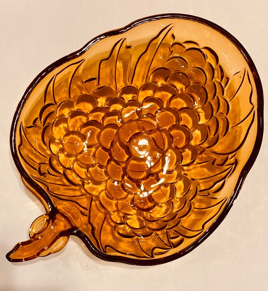 Vintage Indiana Glass Bowl Amber Heavily Embossed Grapes Fruit 13 Inch