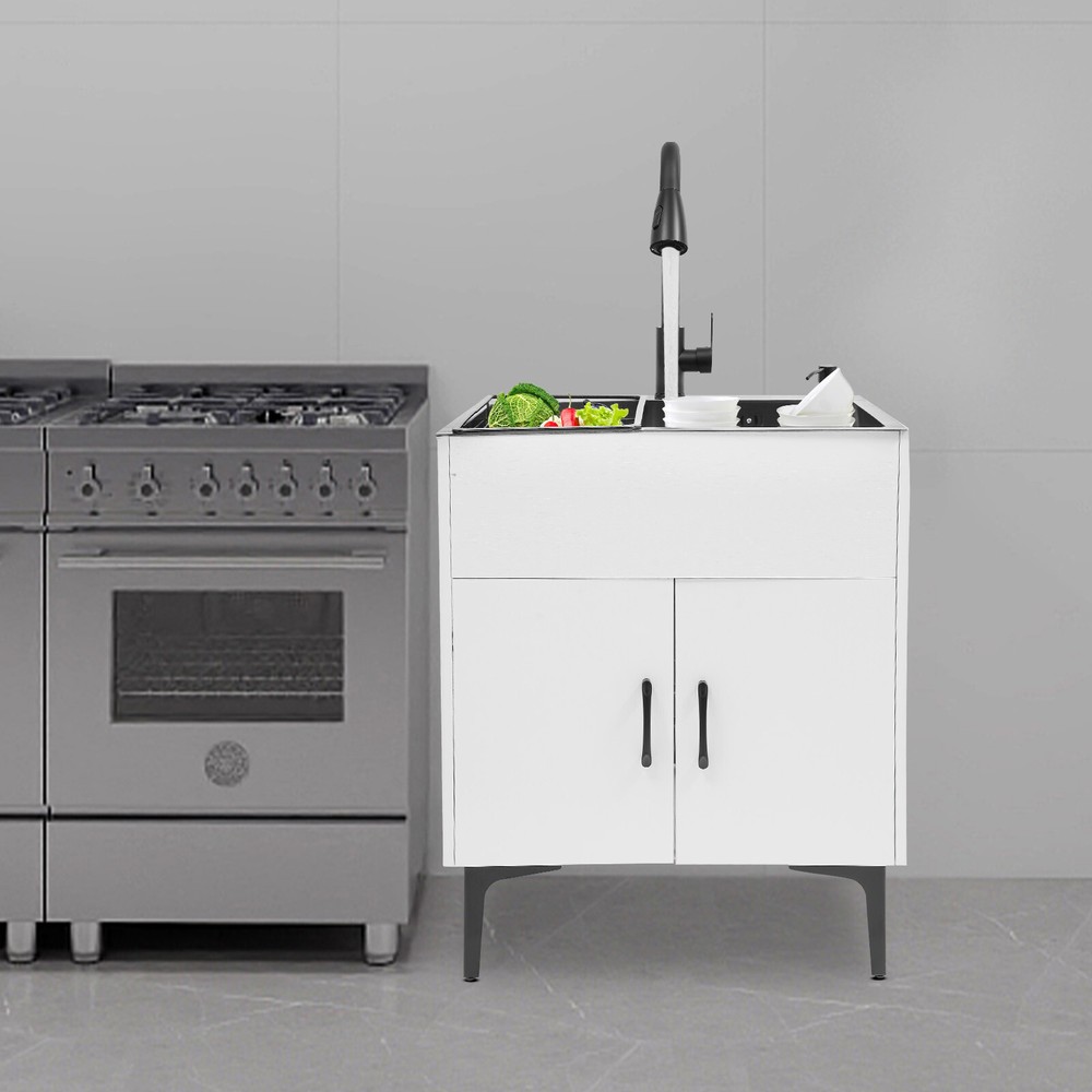 Freestanding White Sink with Cabinet and Pull-Out Faucet  