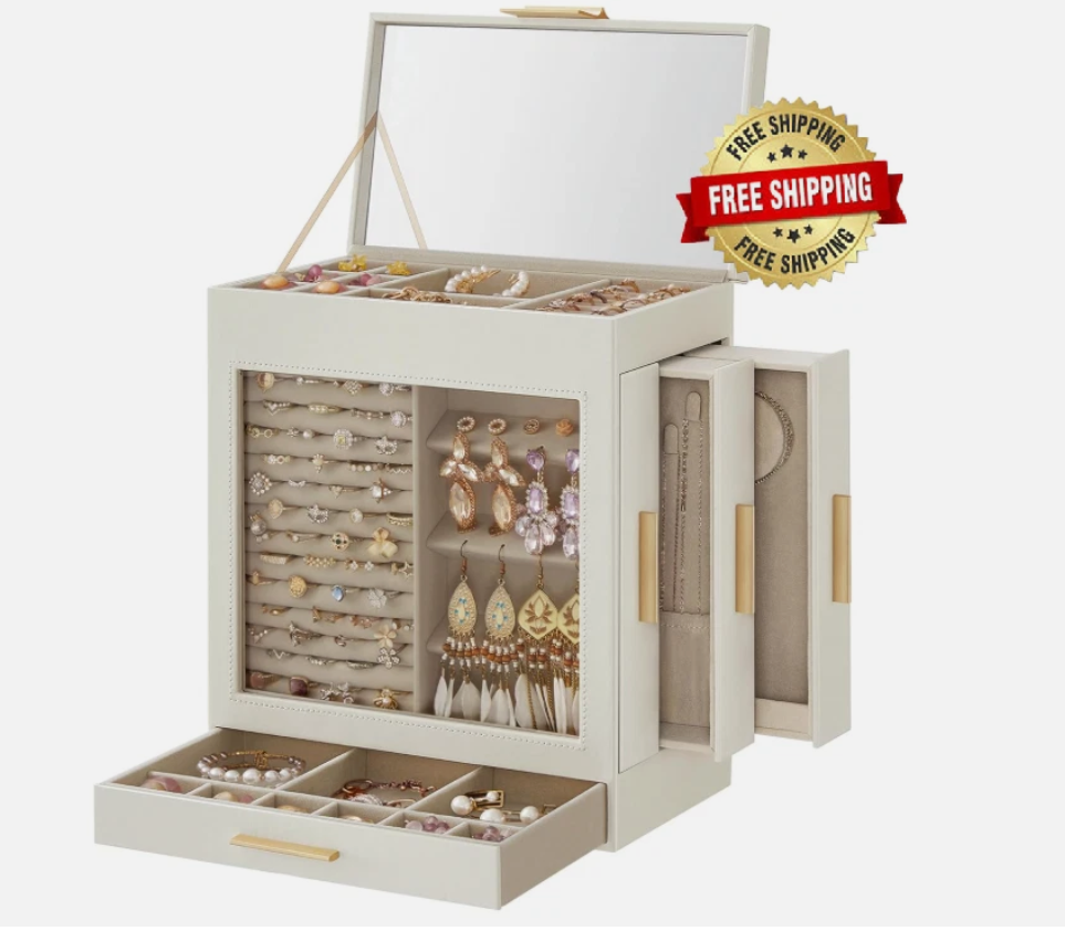 Joyero con ventana de cristal, organizador de joyas de 5 capas con 3 cajones NEW