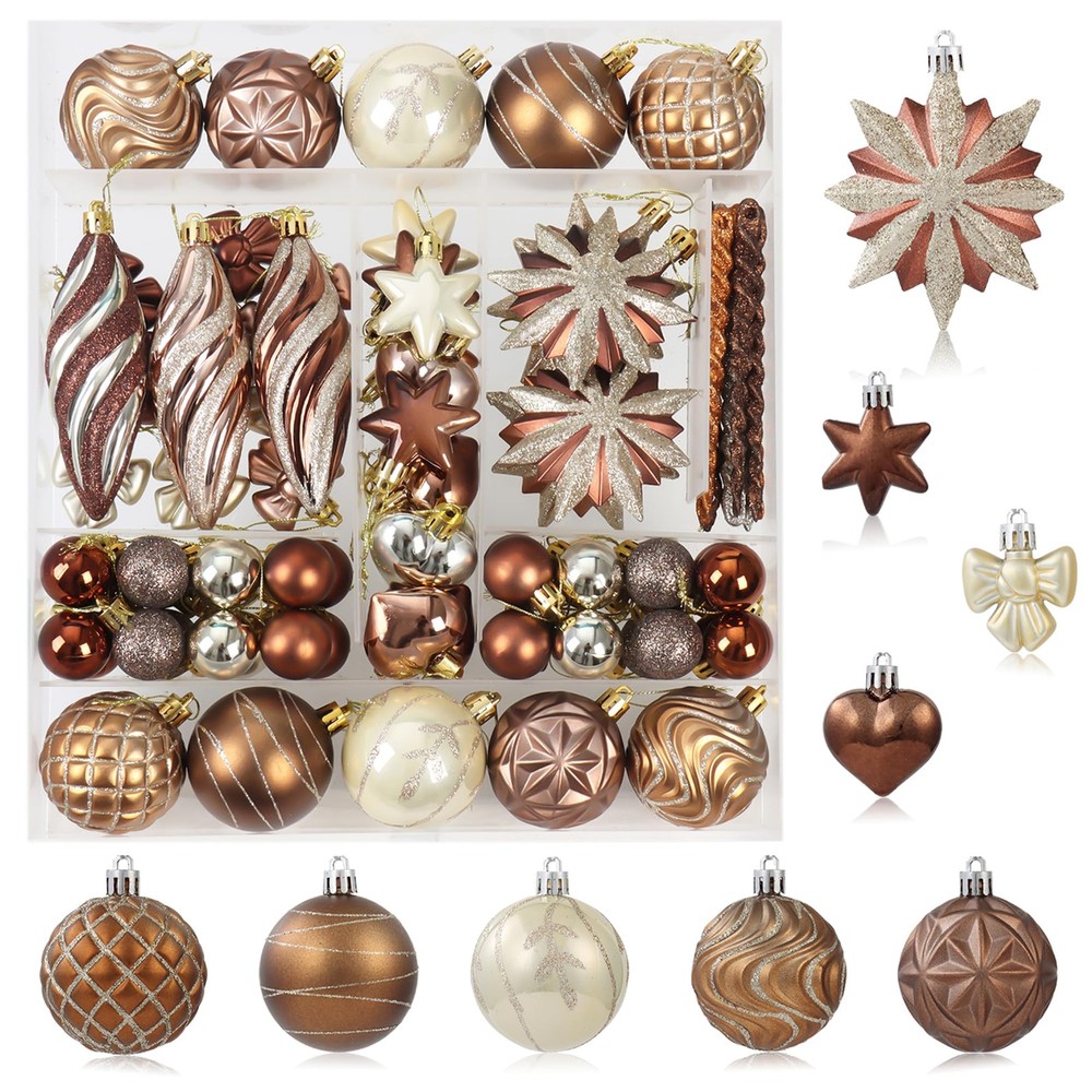 82Pcs Brown and Gold Christmas Ornaments Set, Shatterproof Medium Christmas B...