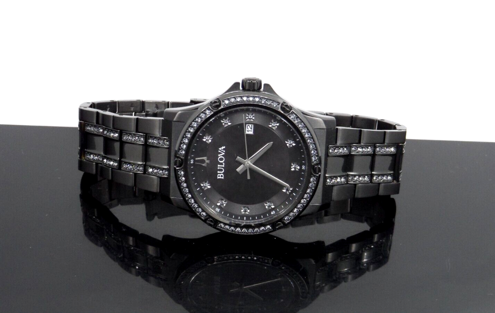 BULOVA 98B426 Crystal Accented Date Black Dial Stainless Steel Band Men's Watch