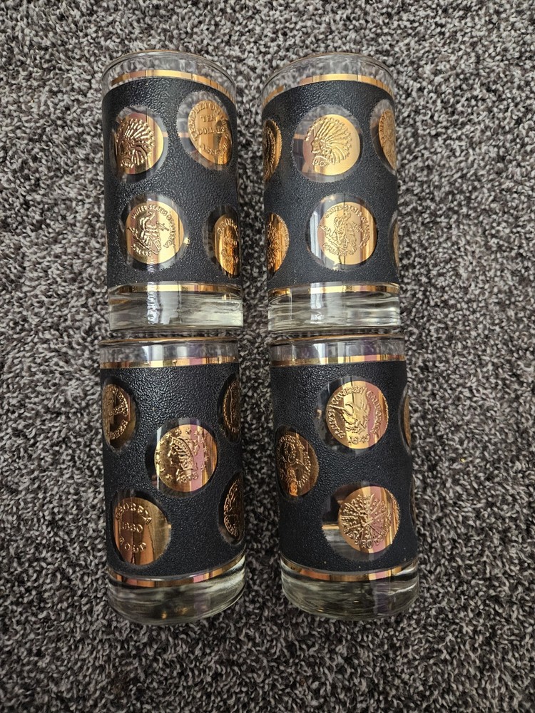 Vintage Libbey Hostess Set of 4 Black Textured Gold Coin Glasses