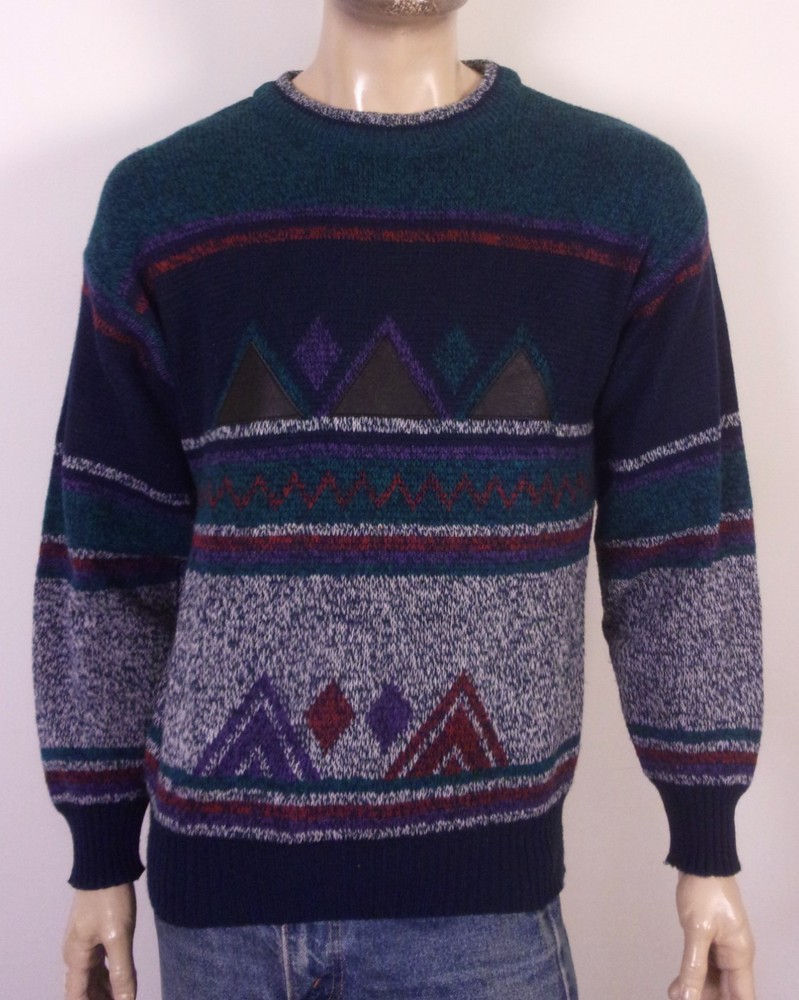 vintage 80s 90s EUC Impact Crew Sweater Leather Panels Cosby Biggie Hip Hop M